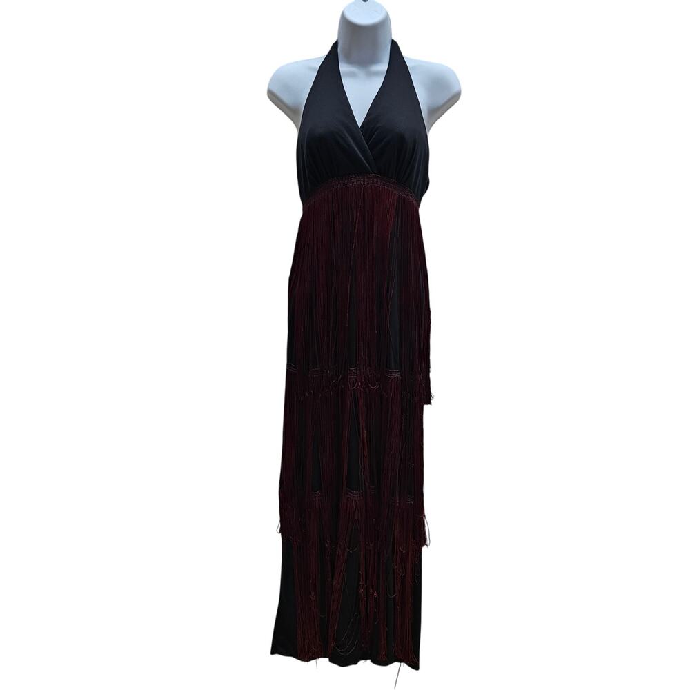 Vintage Fringe Halter Maxi Dress Boho Flapper Black Rust XS